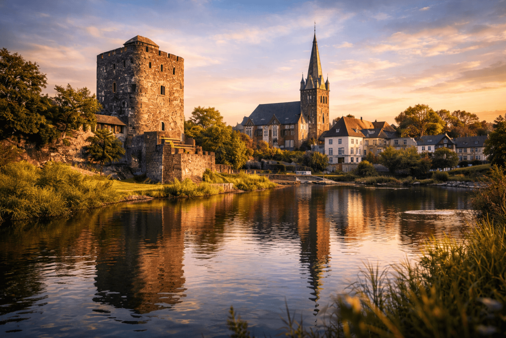 Stadtbild Würselen mit Wasser Burg und Kirche Immobilienpreise Würselen