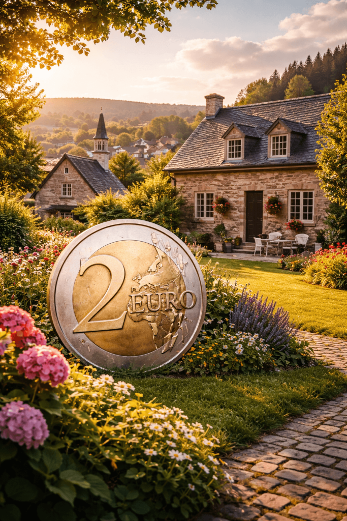 Haus verkaufen Stolberg mit einem Haus und einer großen 2 Euro Münze