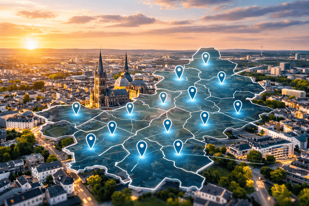 Der Aachener Dom mit allen Stadtteilen von Aachen und einem Sonnenuntergang