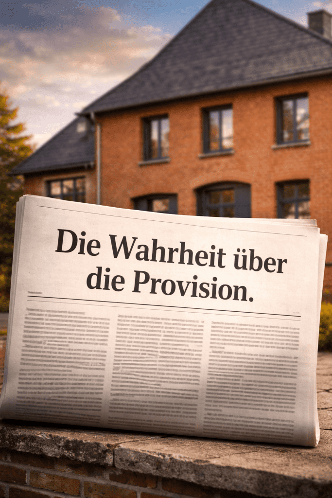 Haus mit Zeitung im Vordergrund und dem Titel "Was kostet ein Immobilienmakler?"