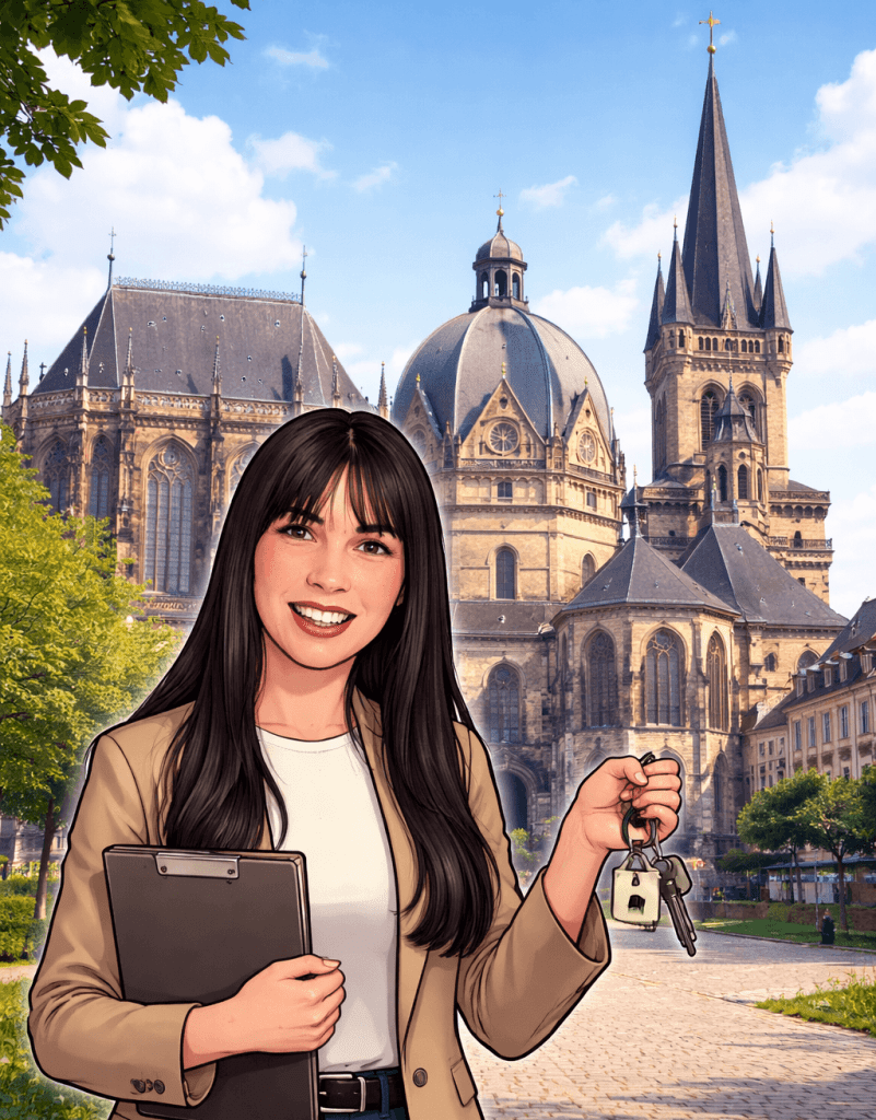 Vanessa Tappe vor dem Aachener Dom als Immobilienmaklerin für Aachen