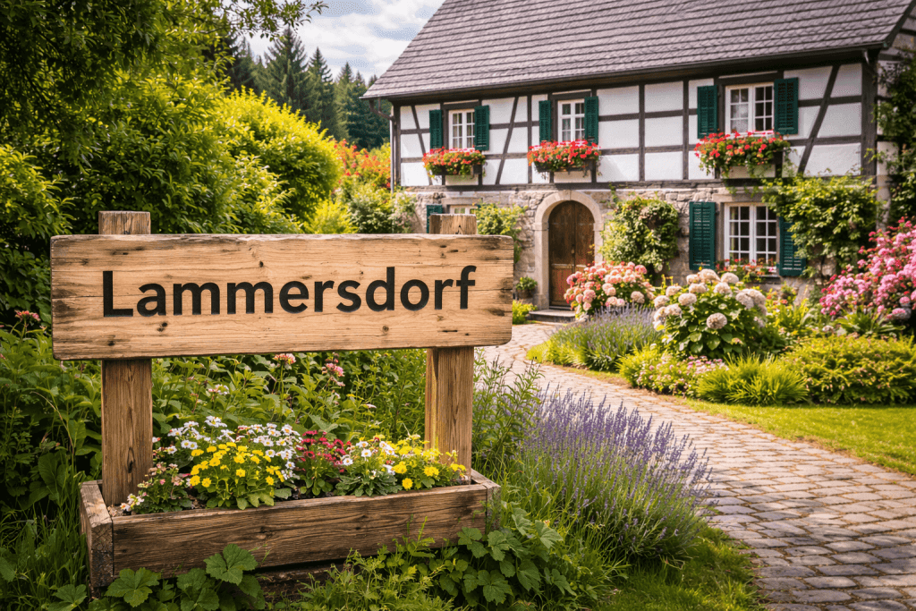 Haus verkaufen Lammersdorf von Immobilienmakler mit Ortsschild in der Sonne