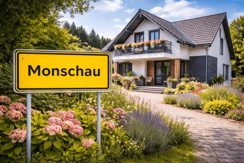 Haus verkaufen Monschau moderndes Einfamilienhaus mit Ortsschild und Garten