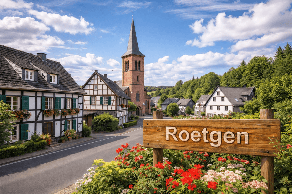Roetgen Eifel Dorfschild mit Blumen und Sonne und Kirche
