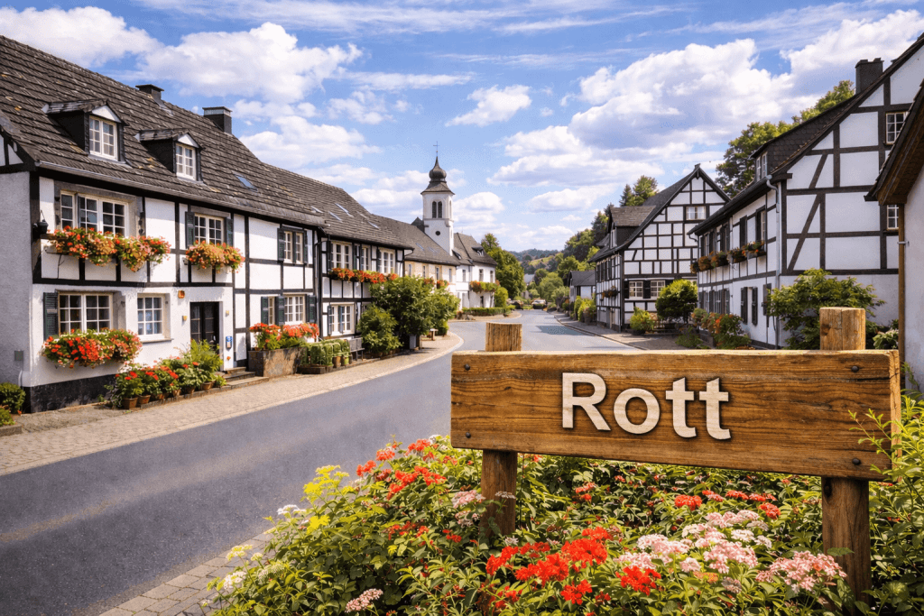 Haus verkaufen im Ort Rott in der Eifel mit Ortsschild und Sonne