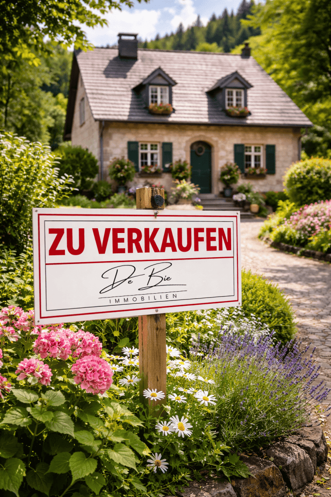 Immobilie in der Eifel zu verkaufen mit Verkaufsschild bei Sonnenschein