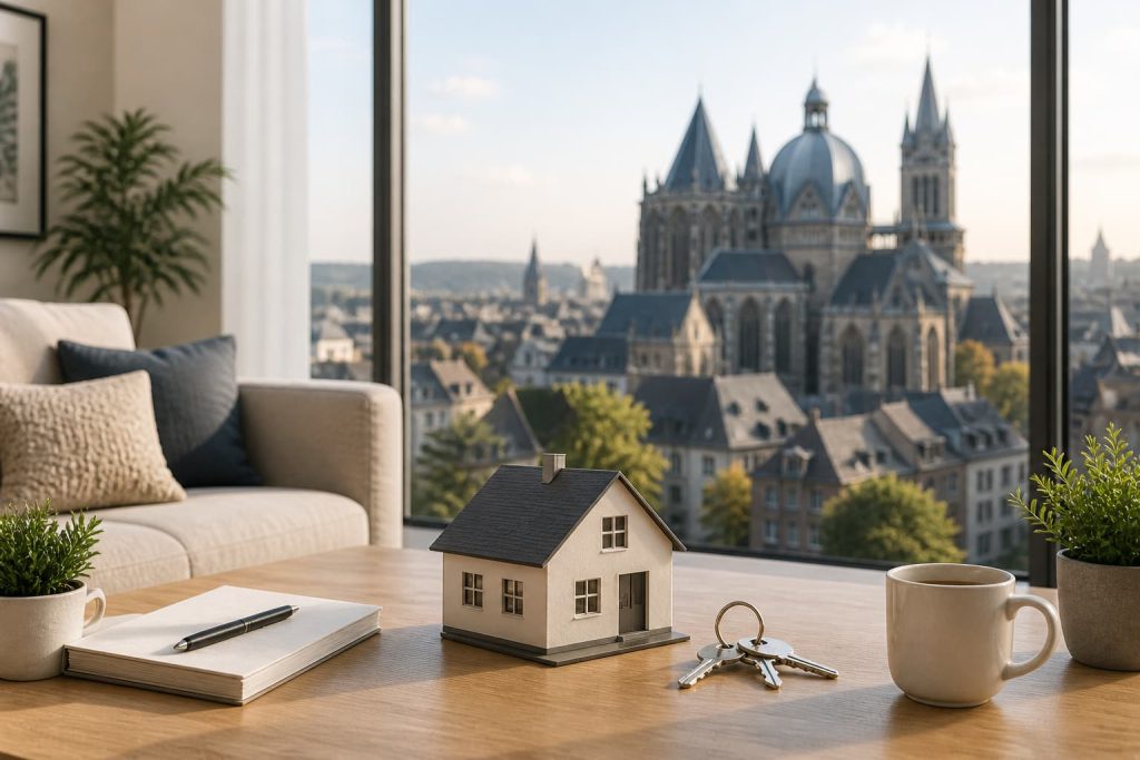 Kostenlose Immobilienbewertung Aachen mit dem Dom im Hintergrund in einem Haus in Aachen